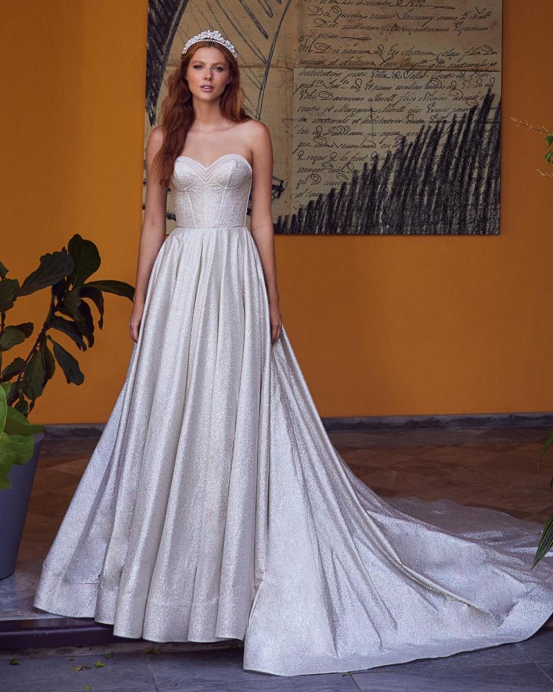 La23124 sparkling strapless a line wedding dress with pockets1